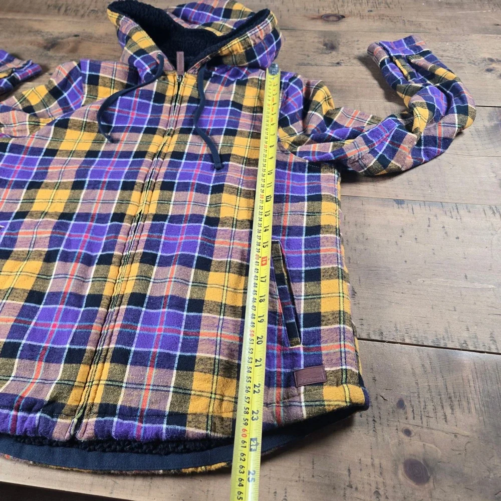 LL Bean Relaxed Fit Sherpa Lined Flannel Hoodie Purple Gold Plaid 505453 Small